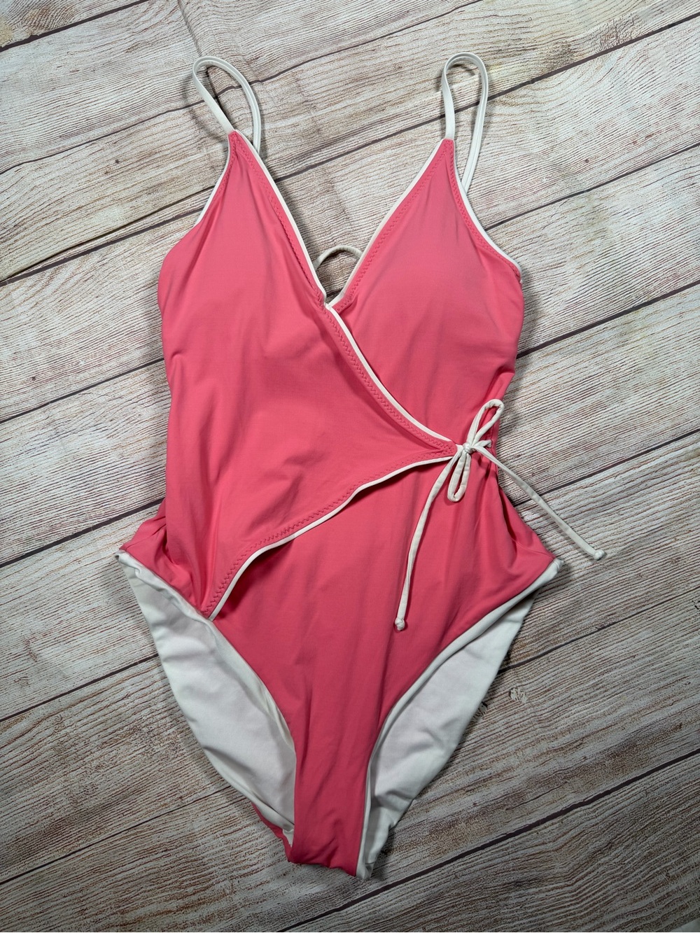 BECCA Pink Wrap-Style One-Piece Swimsuit with White Trim